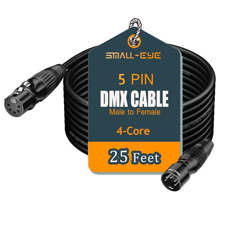 SMALL-EYE 5 Pin DMX Cable 25 ft 1 Pack – Premium 4-Core Male to Female Stage Lighting DMX512 Cable (25') - Image 1